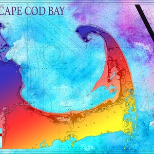 Künstlerischer Druck der Cape Cod Bay Karte auf Ihrer Wahl von Fotopapier, Mattem Papier oder Canvas Giclee Papier