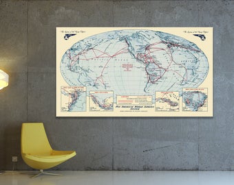 Vintage afdruk van de wereldkaart van Pan Am Airways Airlines op mat papier, fotopapier of canvas naar keuze