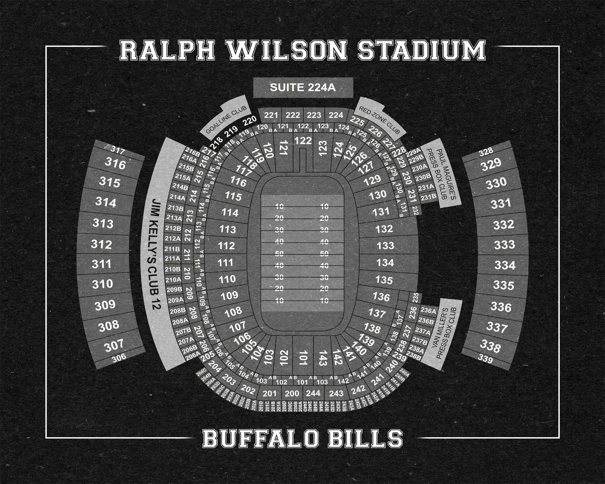 Print of Vintage Ralph Wilson Stadium Seating Chart Seating Chart on