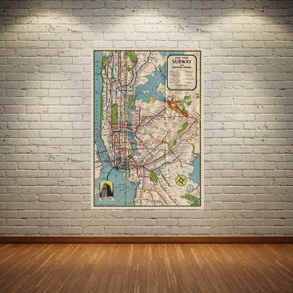 Vintage Style Print of New York City Subway Map on Premium Luster Photo Paper, Heavy Duty Matte Paper, or Stretched Canvas