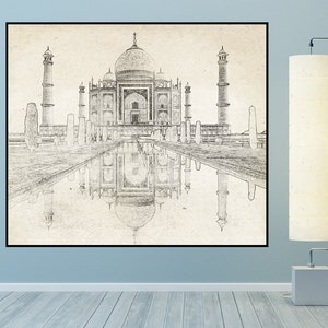 Impresión de estilo vintage del dibujo lineal del Taj Mahal en papel fotográfico lustre, papel mate grueso o lienzo estirado.