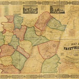 Vintage Druck von Fayette County Pennsylvana Karte auf Matte Papier, Fotopapier oder gestreckt Leinwand