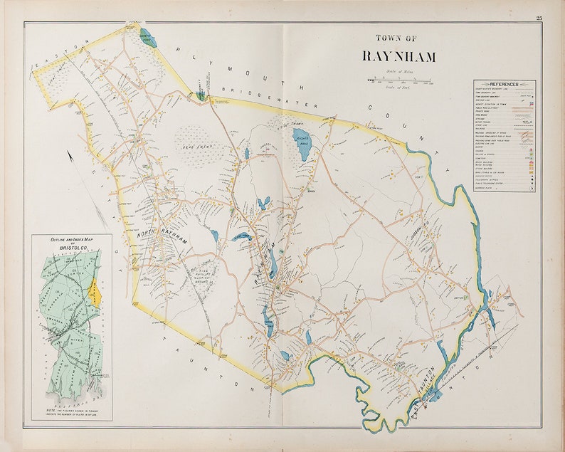 Matte Paper and Stretched Canvas Print of Antique City Map of Raynham Massachusetts on Photo Paper