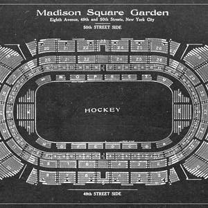 May include: Black and white vintage seating chart for Madison Square Garden, showing the layout of the arena for hockey games. The chart includes the street names and the words "50th Street Side" and "49th Street Side".