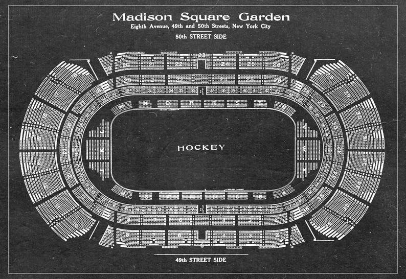 May include: Black and white vintage seating chart for Madison Square Garden, showing the layout of the arena for hockey games. The chart includes the street names and the words "50th Street Side" and "49th Street Side".
