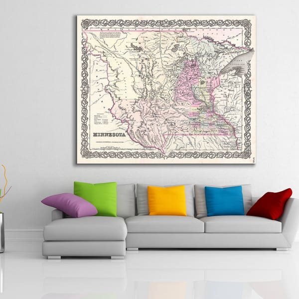 Print of Antique Map of the Minnesota on Photo Paper Matte Paper or Stretched Canvas