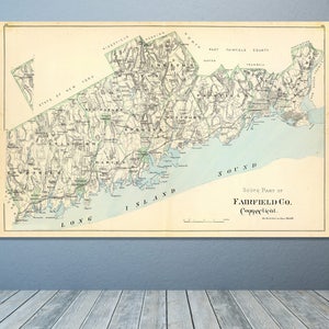 Druck einer antiken Karte von Fairfield County, Conneticut auf Fotopapier, Mattpapier oder gespannter Leinwand
