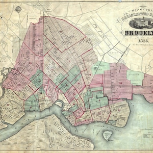 Impresión antigua vintage del mapa del puerto de Brooklyn, Nueva York, 1866, en papel mate, papel fotográfico o lienzo estirado.