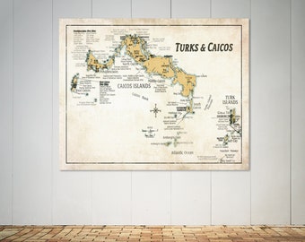 Turks and Caicos Map Print: Detailed Island Chart, Canvas or Paper