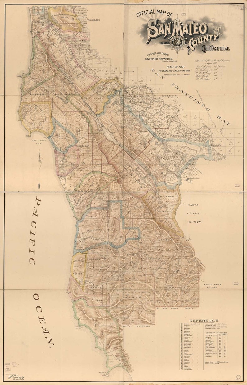 May include: An antique map of San Mateo County, California, from 1894. The map shows the county's roads, towns, and geographical features. The map is printed in black and white with some color accents.
