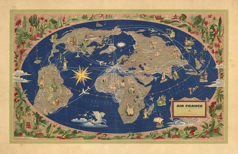 Vintage Antique Global Air France World Map Airline Plane on photo paper Matte paper Canvas Art Home Decor Giclee Print