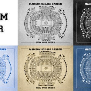 Puede incluir: Una ilustraci&oacute;n de estilo vintage del Madison Square Garden, hogar de los New York Knicks, con diferentes opciones de color para el fondo y las &aacute;reas de asientos. La ilustraci&oacute;n muestra el dise&ntilde;o del estadio, incluyendo la cancha y las secciones de asientos.