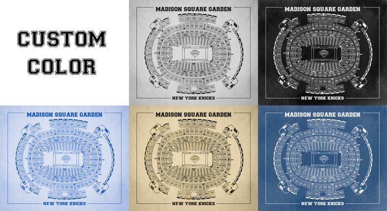 Puede incluir: Una ilustraci&oacute;n de estilo vintage del Madison Square Garden, hogar de los New York Knicks, con diferentes opciones de color para el fondo y las &aacute;reas de asientos. La ilustraci&oacute;n muestra el dise&ntilde;o del estadio, incluyendo la cancha y las secciones de asientos.