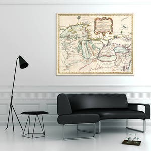 Carte des Grands Lacs française ancienne sur photo, papier mat ou toile, art mural, cadeau, cadeau de mariage