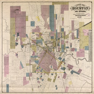 Kunstdruck der Antiken Vintage Karte von Houston Texas auf Fotopapier, Mattpapier oder gespannte Leinwand