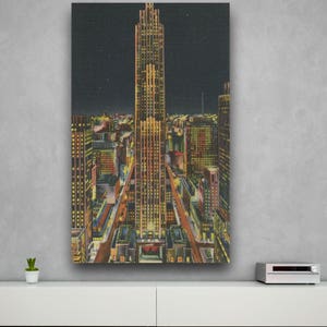 Impressão em estilo vintage antigo do edifício Rockefeller, Nova York, em papel fotográfico, papel fosco ou tela esticada