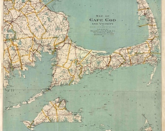 Print of Antique Vintage Cape Cod and Vicinity Map on Photo Paper, Matte Paper or Stretched Canvas