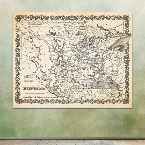 Print of Antique Map of Minnesota on Matte Paper, Photo Paper, or Stretched Canvas. Free Shipping!