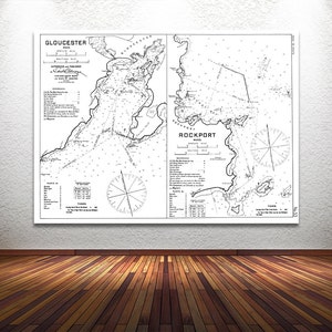 Antiker Druck der Hafenkarte von Gloucester und Rockport Massachusetts auf Ihrer Wahl von Fotopapier, Mattem Papier oder Leinwand Giclée