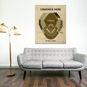 May include: A vintage-style illustration of Comerica Park, home of the Detroit Tigers. The illustration shows the seating chart of the baseball stadium with the words "Comerica Park" and "Detroit Tigers" at the top and bottom of the image.