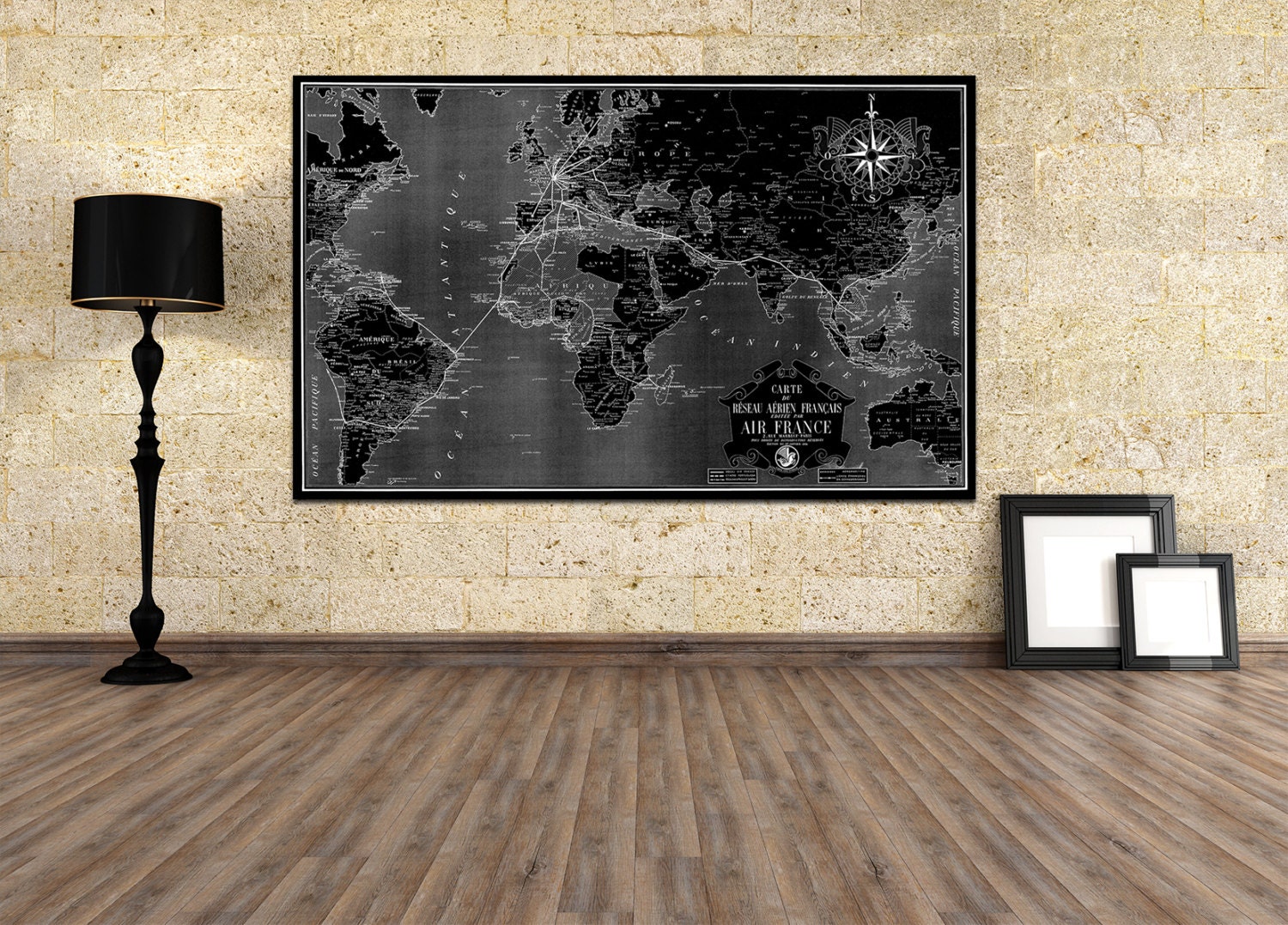 Vintage Antique Global Air France World Map Airline Plane on photo paper Matte paper Canvas Art Home Decor Giclee Print