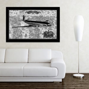 Vintage antike Air France Weltkarte Havilland Komet Flugzeug auf Fotopapier Matt Papier Leinwand Kunst Home Decor Giclée-Druck
