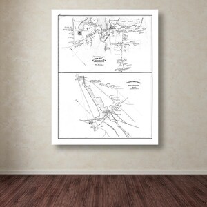 May include: A black and white map of a city with streets and buildings labeled. The map is divided into two sections, with the top section showing a larger area and the bottom section showing a smaller area. The map is titled "Plan of the City of Philadelphia" and "Environs of Philadelphia".