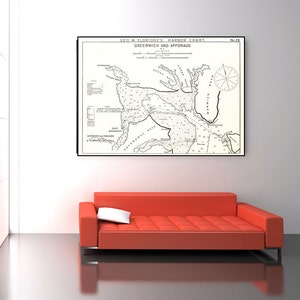 Impressão antiga vintage de uma carta náutica de Greenwich e Apponaug, Rhode Island em papel fotográfico, papel fosco ou tela Giclée