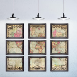 6 and 9 Panel Vintage Print of World Map on Matte Paper, Photo Paper, or Stretched Canvas