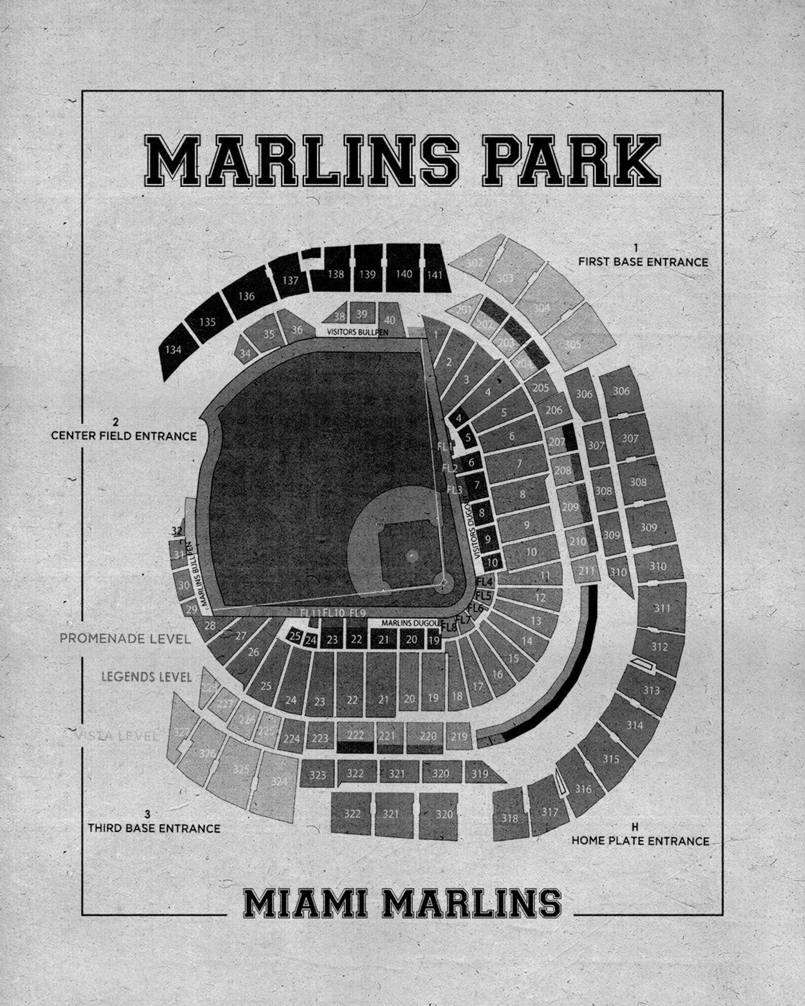 Vintage Print of Marlins Park Seating Chart Miami Marlins Etsy