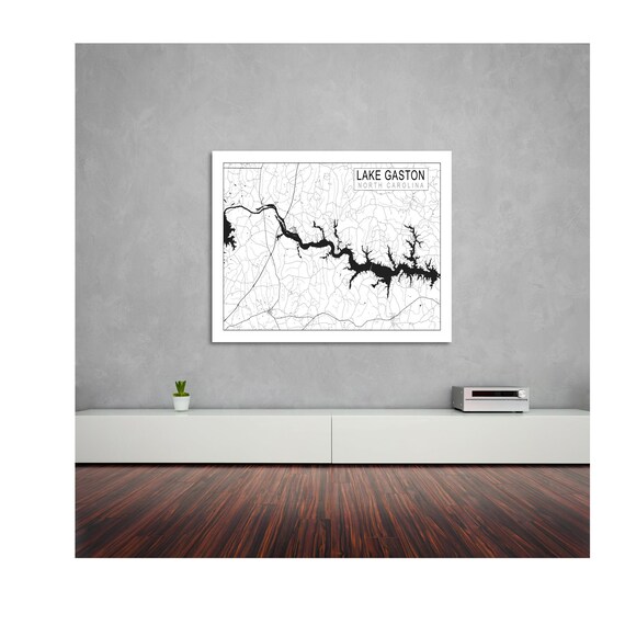 Print of Lake Gaston Map, in North Carolina/Virginia. Printed on Canvas, Matter Paper, or Photo Paper.