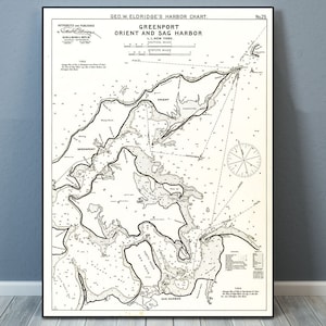 Impresión antigua de una carta náutica de Greenport Orient y Sag Harbor Long Island, NY en su elección de papel fotográfico, papel mate o lienzo Giclée