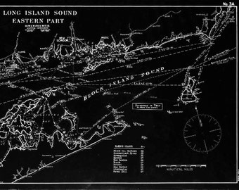 May include: A black and white nautical chart of the Long Island Sound, Eastern Part, with Block Island Sound. The map includes navigational lines, place names, and a compass rose. Text includes "Nautical Miles" and "No. 3A."