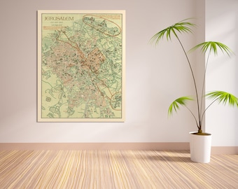 May include: A framed vintage map of Jerusalem, labelled "Old and New," with detailed illustrations in shades of green, brown, and beige. The map is displayed on a wall, with a potted plant in the foreground. The map's title is at the top.