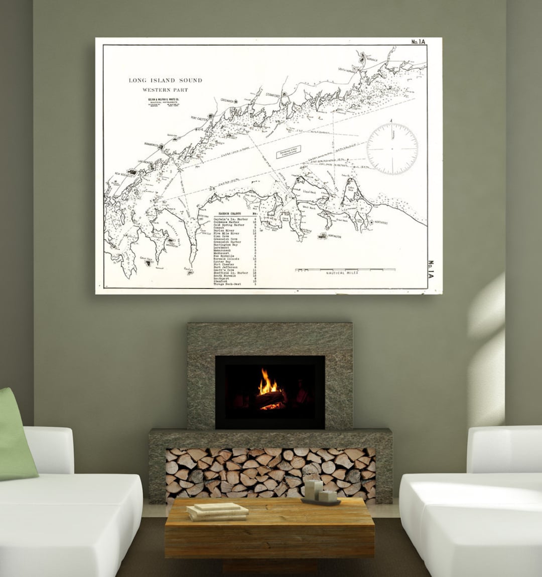 Antique Long Island Sound Chart Print Western Part, Vintage Nautical