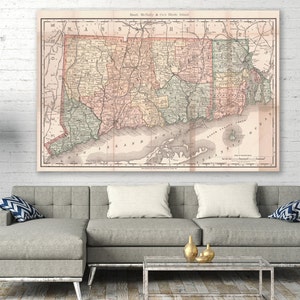 Impression vintage de la carte du Rhode Island et du Connecticut sur papier mat, papier photo ou toile tendue au choix
