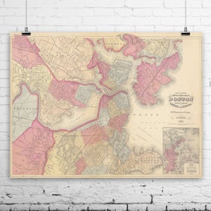 Antique map of Boston Massachusetts on Your Choice of Matte Paper, Photo Paper, Stretched Canvas