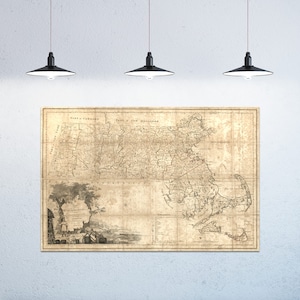 Antike Karte von Massachusetts auf Mattpapier, Fotopapier oder gespannter Leinwand. Kostenloser Versand!