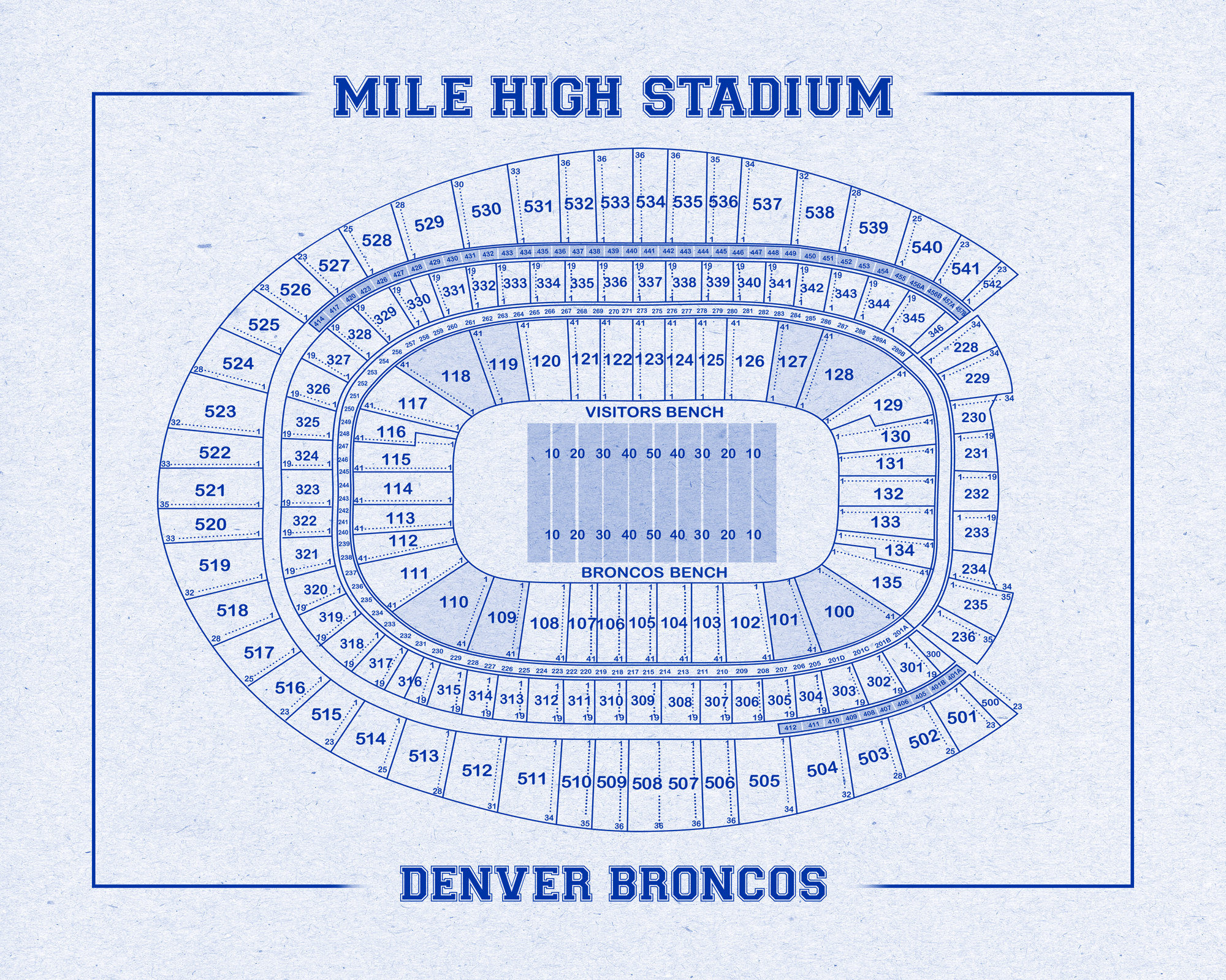 Vintage Style Print Of Mile High Stadium Seating Chart On Photo Paper 