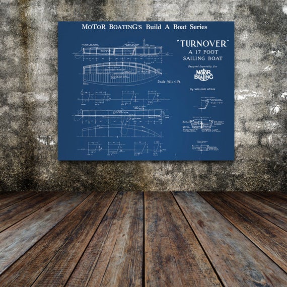 Print of Vintage TURNOVER Boat Blueprint from Motor Boating's Build a Boat Series on Your Choice of Matte Paper, Photo Paper, or Canvas