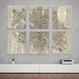 6 and 9 Panel Vintage Antique Print of Detailed Paris Street Map on Matte Paper, Photo Paper or Stretched Canvas