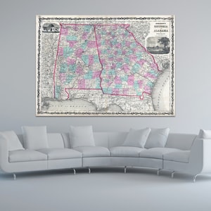 Impressão do mapa antigo da Geórgia e do Alabama por Johnson e Ward em papel fotográfico fosco ou tela esticada