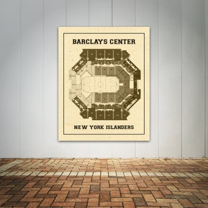 May include: A vintage-style illustration of the Barclays Center arena in Brooklyn, New York, home of the New York Islanders hockey team. The illustration shows the seating layout and the ice rink.