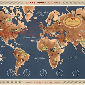 Vintage Antique TWA World Routes; Map of the Continents Print on Photo Paper Matte Paper Canvas Art Giclee