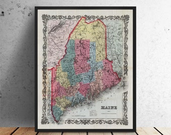Stampa antica della mappa del Maine: arte murale vintage su tela o carta