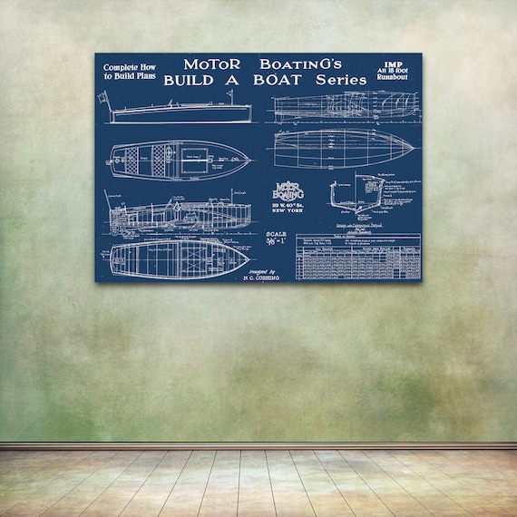 Print of Vintage IMP Boat Blueprint from Motor Boating's Build a Boat Series on Your Choice of Matte Paper, Photo Paper, or Canvas