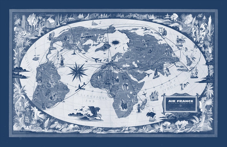 Vintage Antique Global Air France World Map Airline Plane on photo paper Matte paper Canvas Art Home Decor Giclee Print
