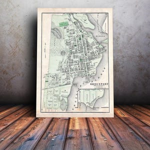 Impression vintage d'une carte de Greenport, dans le comté de Southold Suffolk, à Long Island, New York. Livraison gratuite sur tous les articles !
