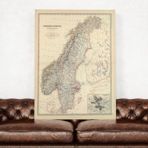 Impression d'une carte ancienne de la Suède et de la Norvège, Scandinavie sur papier photo, papier mat ou toile tendue