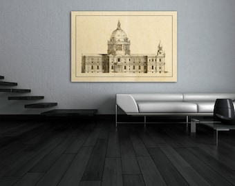 French Building Elevation Antique Print: Vintage Architectural Blueprint
